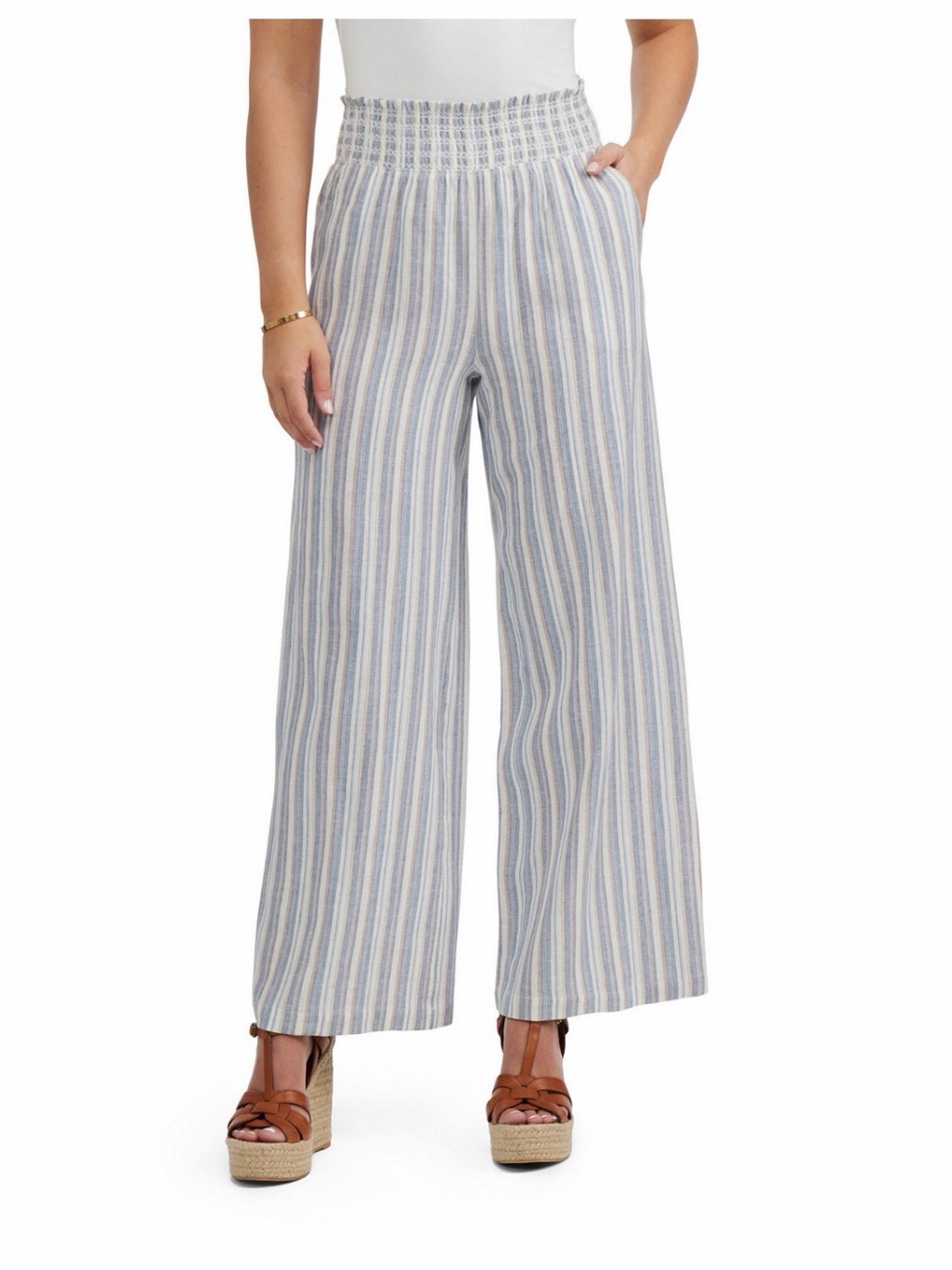 Ellen Tracy Women's Linen Smocked Wide Leg Pant - Blue/White Stripe